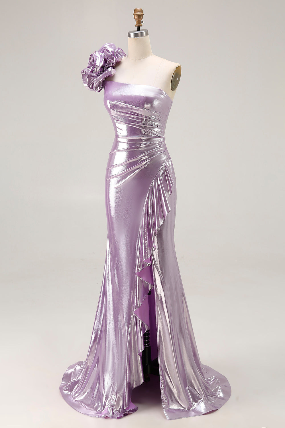 Metallic Light Purple Mermaid Ruffled Long Prom Dress with 3D Flower
