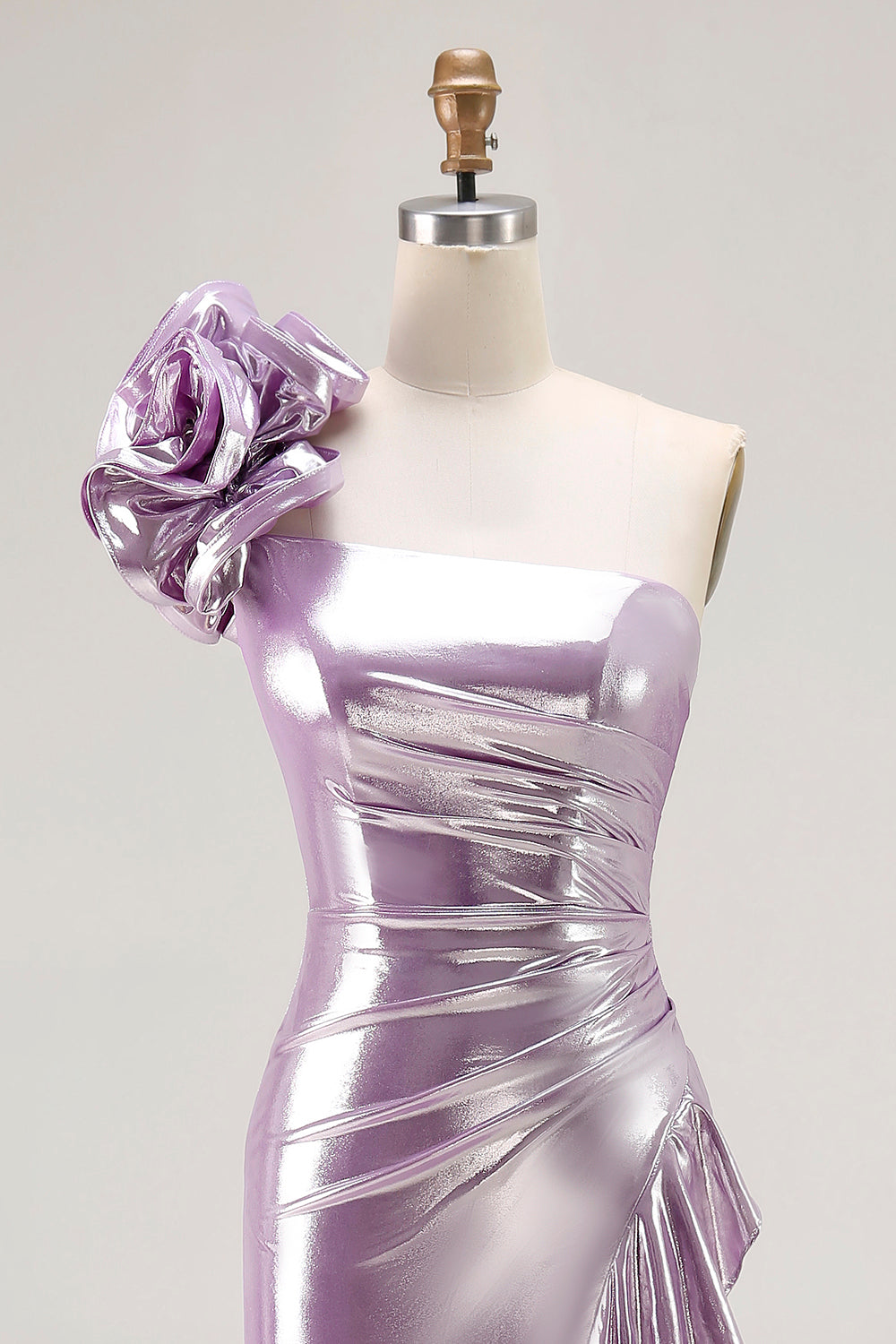 Metallic Light Purple Mermaid Ruffled Long Prom Dress with 3D Flower