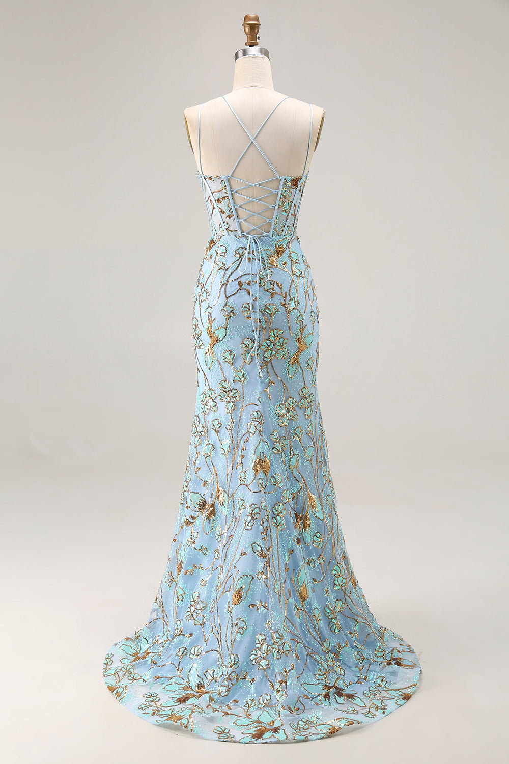 Sparkly Lake Blue Corset Mermaid Long Sequins Prom Dress with Slit