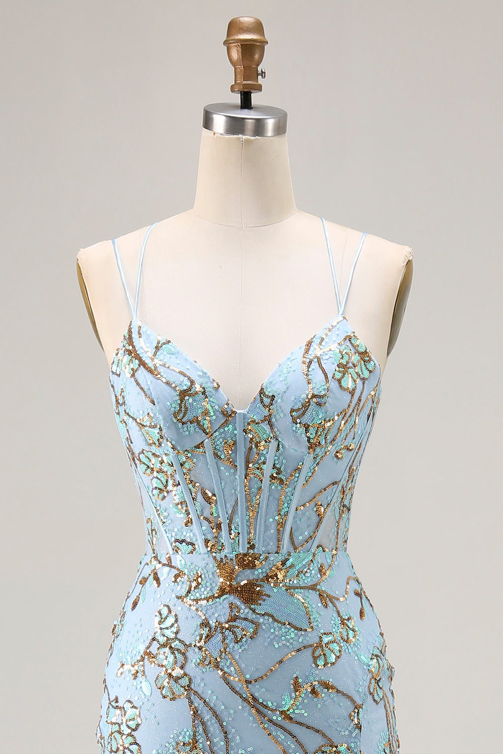 Sparkly Lake Blue Corset Mermaid Long Sequins Prom Dress with Slit