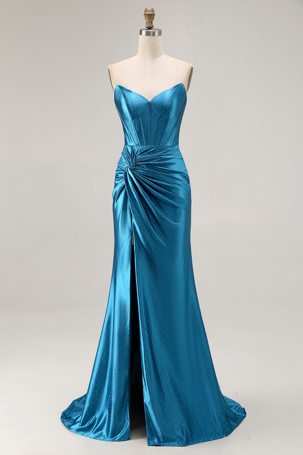 Royal Blue Satin Mermaid Strapless Long Corset Prom Dress with Slit