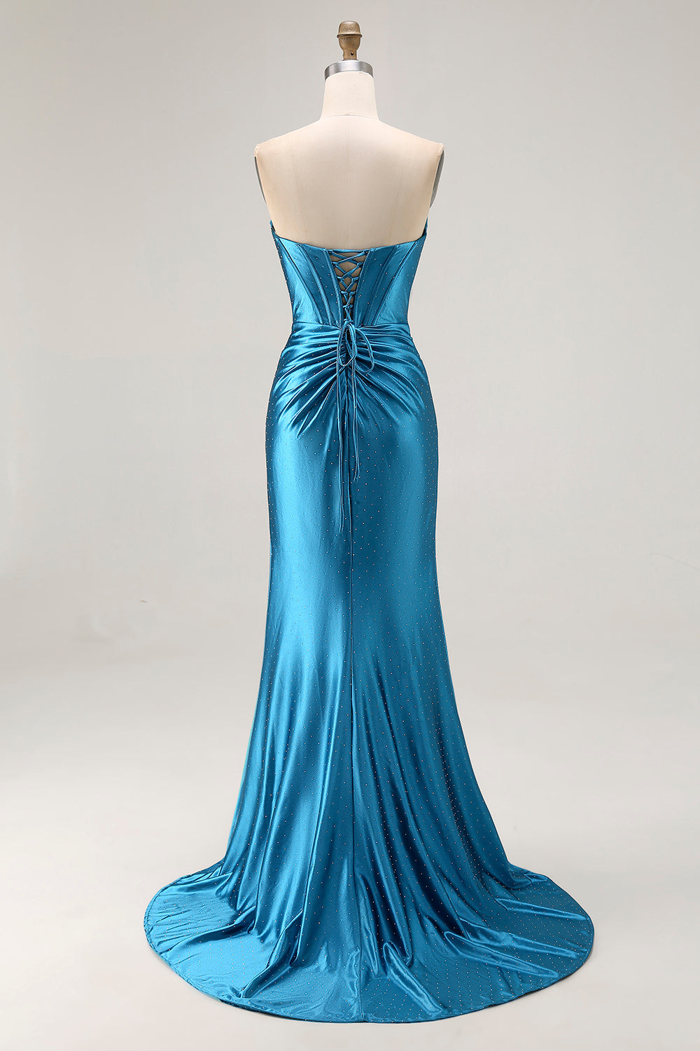 Royal Blue Satin Mermaid Strapless Long Corset Prom Dress with Slit