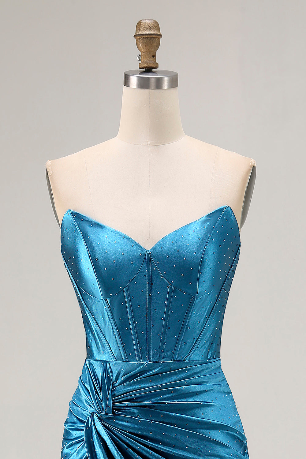 Royal Blue Satin Mermaid Strapless Long Corset Prom Dress with Slit