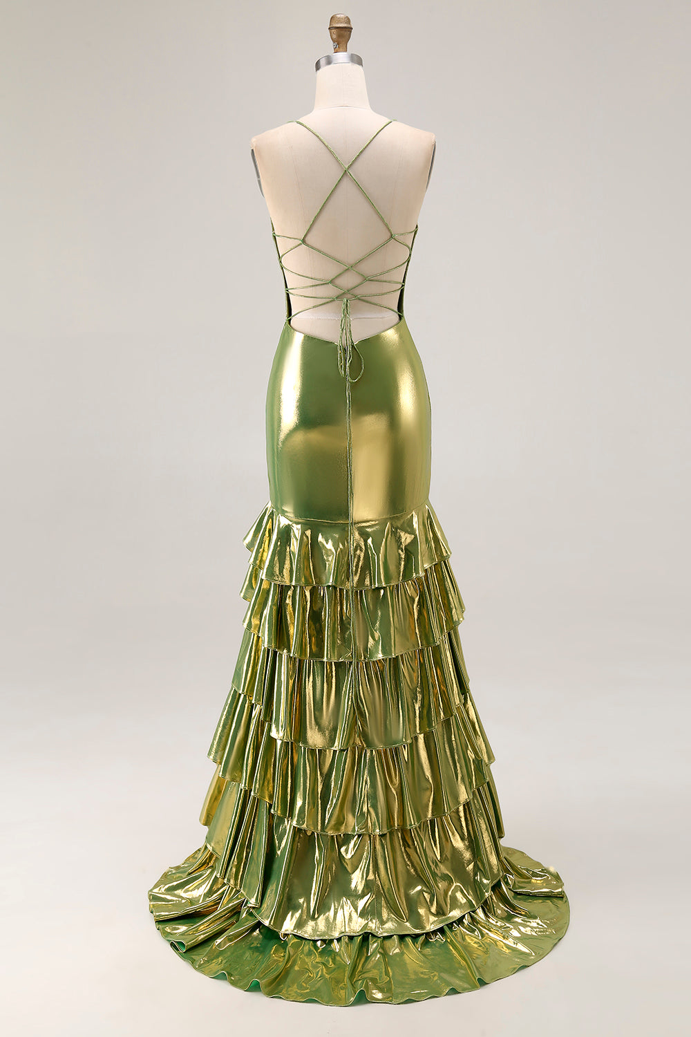 Metallic Gold Green Mermaid Tiered Long Prom Dress with Ruffles