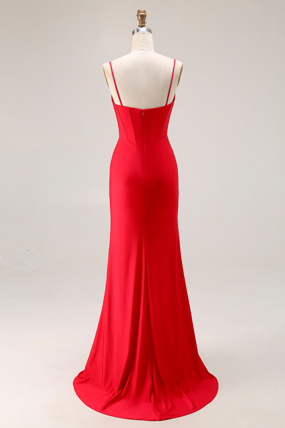 Red Corset Mermaid Spaghetti Straps Ruched Long Satin Prom Dress