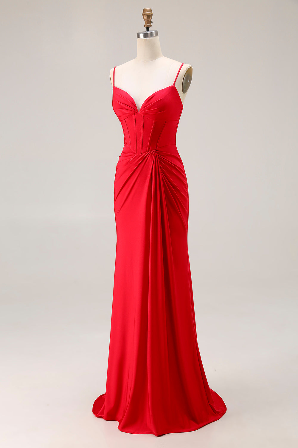 Red Corset Mermaid Spaghetti Straps Ruched Long Satin Prom Dress