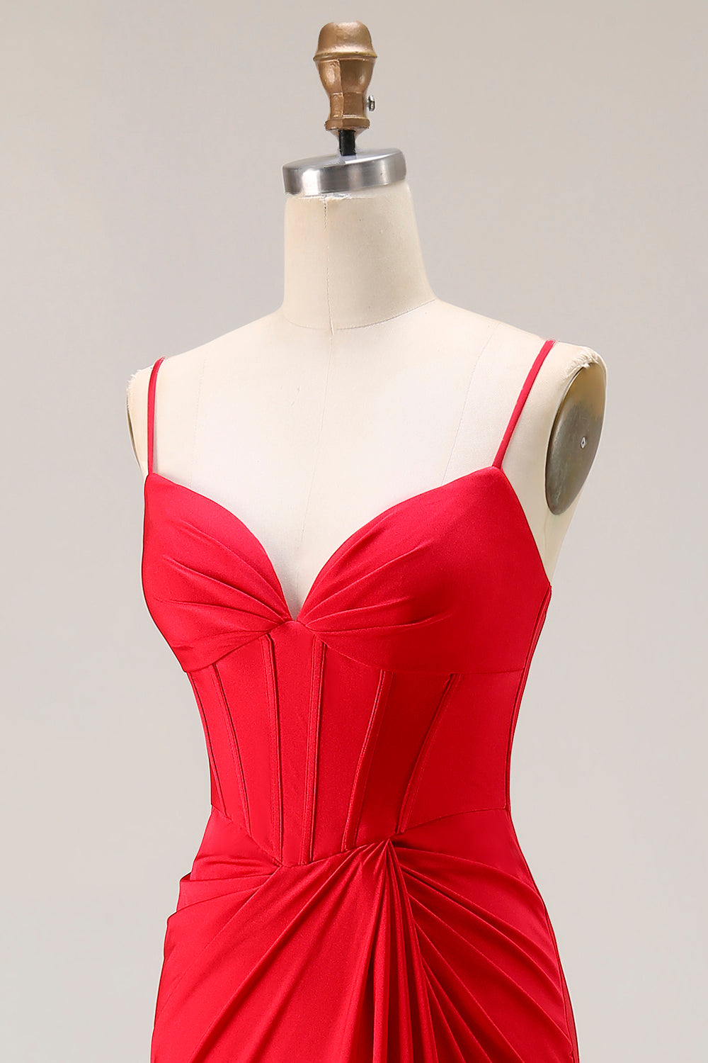 Red Corset Mermaid Spaghetti Straps Ruched Long Satin Prom Dress