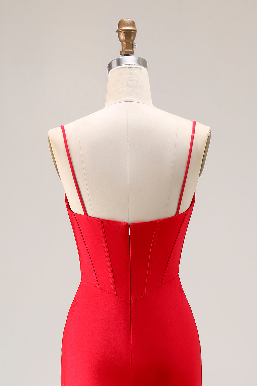 Red Corset Mermaid Spaghetti Straps Ruched Long Satin Prom Dress
