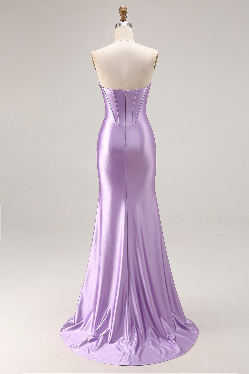 Purple Satin Mermaid Strapless Ruched Long Corset Prom Dress with Slit
