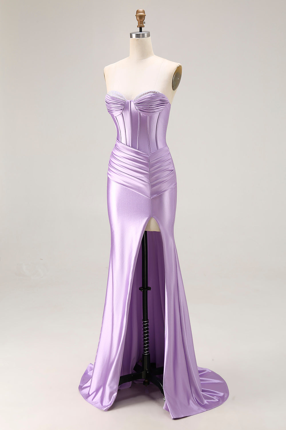 Purple Satin Mermaid Strapless Ruched Long Corset Prom Dress with Slit
