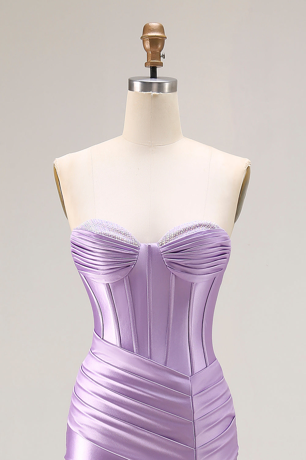 Purple Satin Mermaid Strapless Ruched Long Corset Prom Dress with Slit