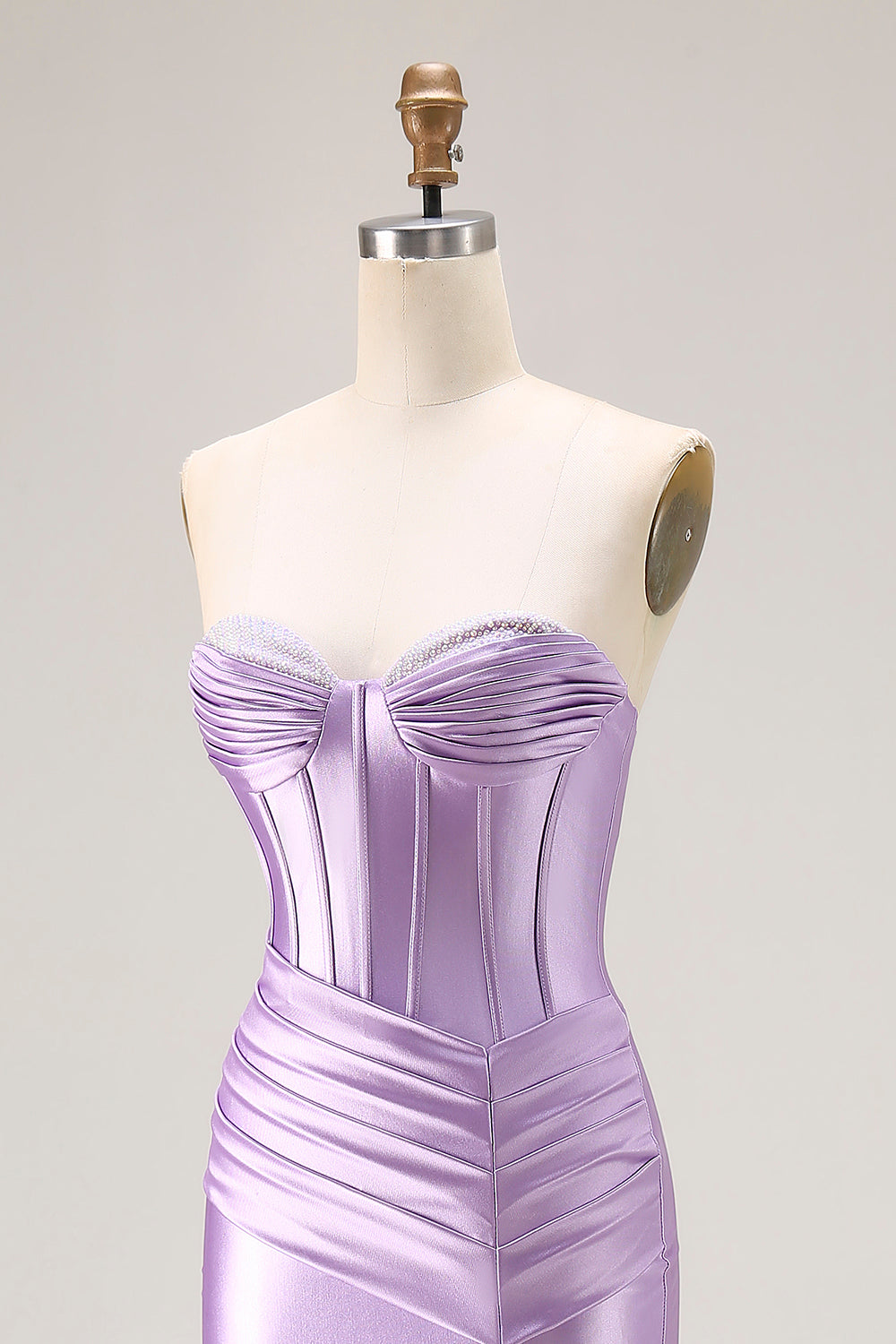 Purple Satin Mermaid Strapless Ruched Long Corset Prom Dress with Slit