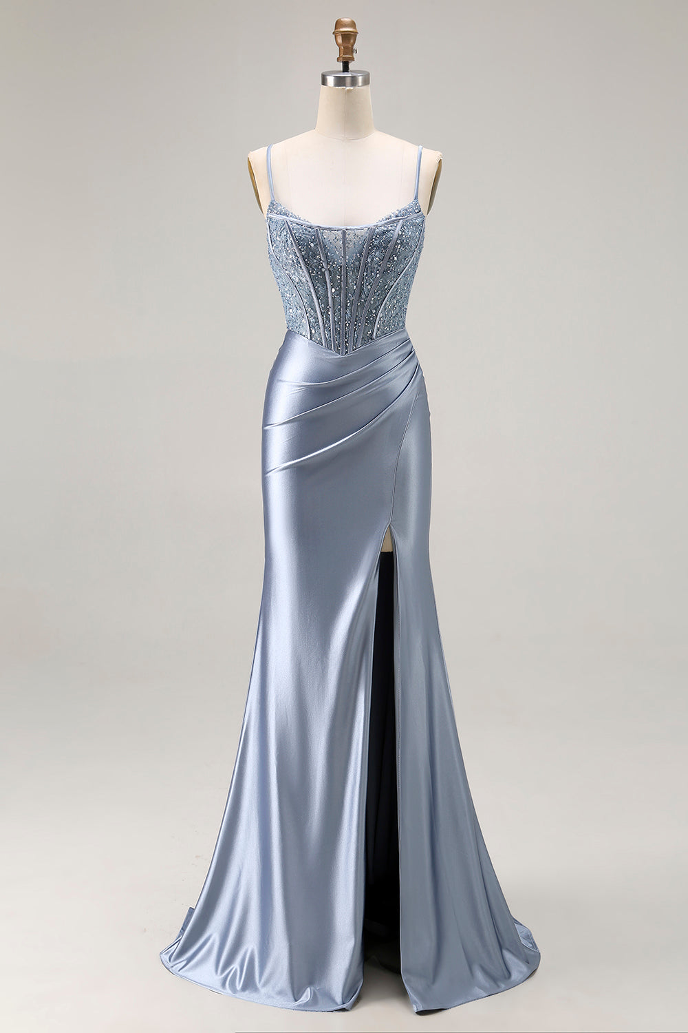 Sparkly Grey Blue Satin Beaded Mermaid Long Corset Prom Dress with Slit