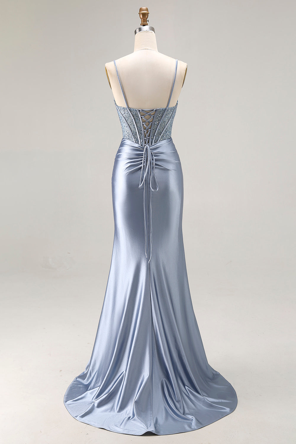 Sparkly Grey Blue Satin Beaded Mermaid Long Corset Prom Dress with Slit