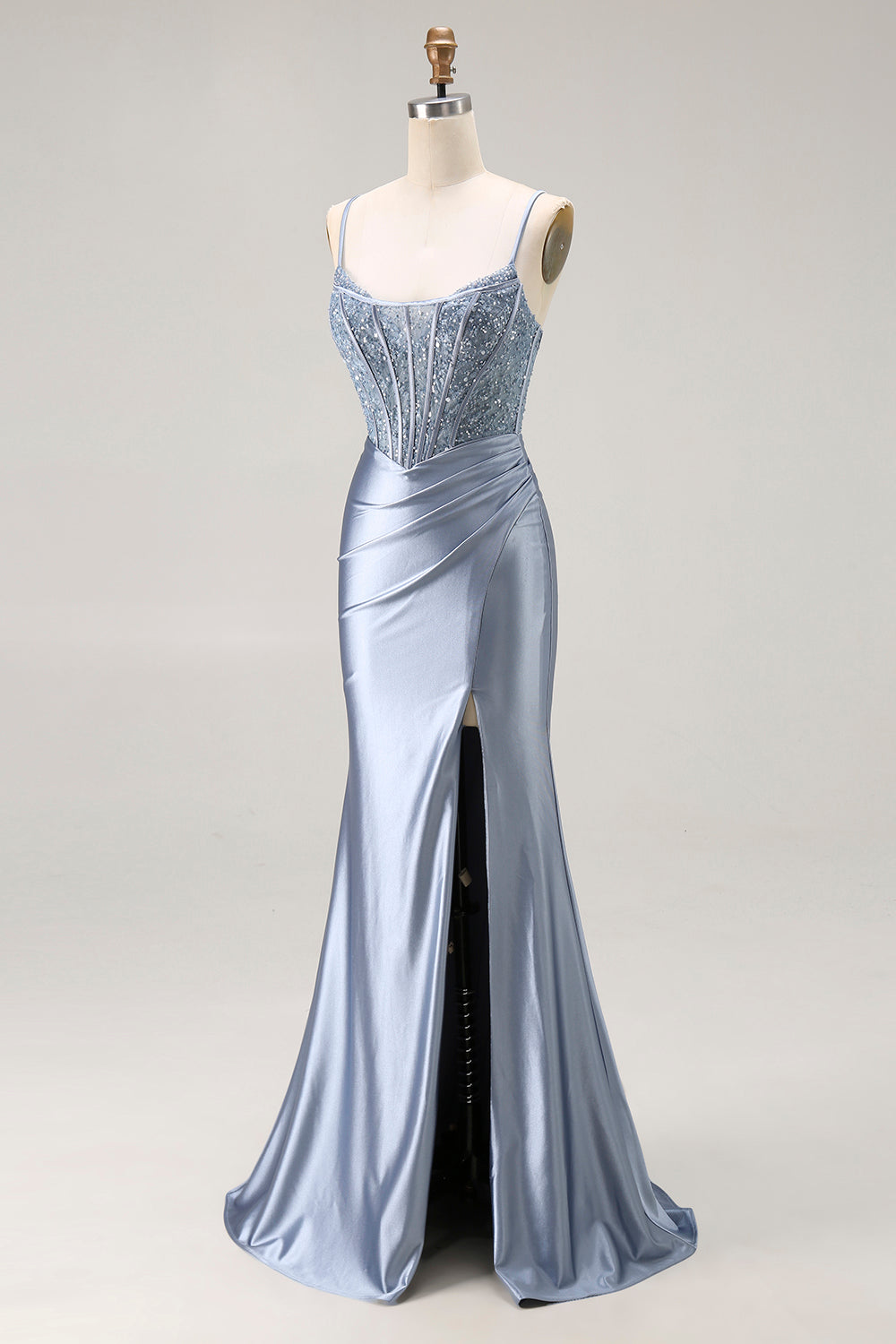 Sparkly Grey Blue Satin Beaded Mermaid Long Corset Prom Dress with Slit