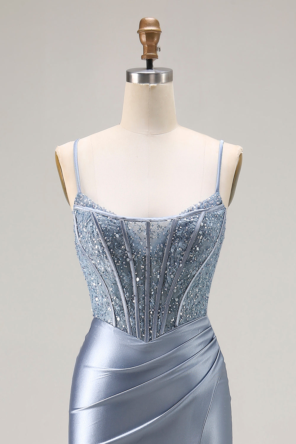 Sparkly Grey Blue Satin Beaded Mermaid Long Corset Prom Dress with Slit