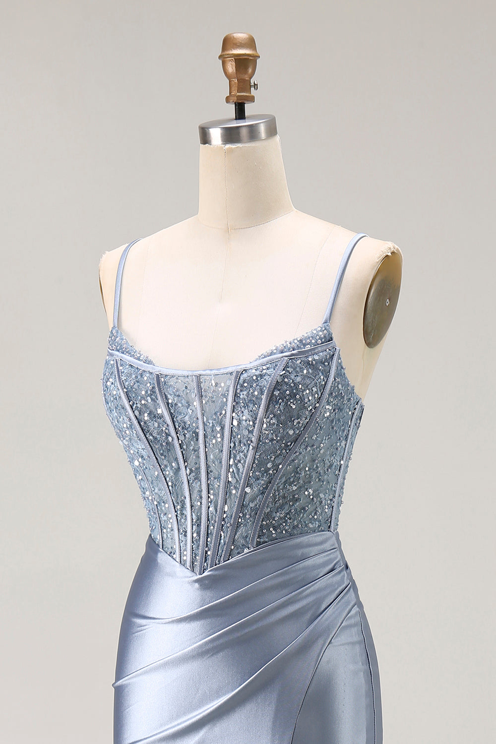 Sparkly Grey Blue Satin Beaded Mermaid Long Corset Prom Dress with Slit