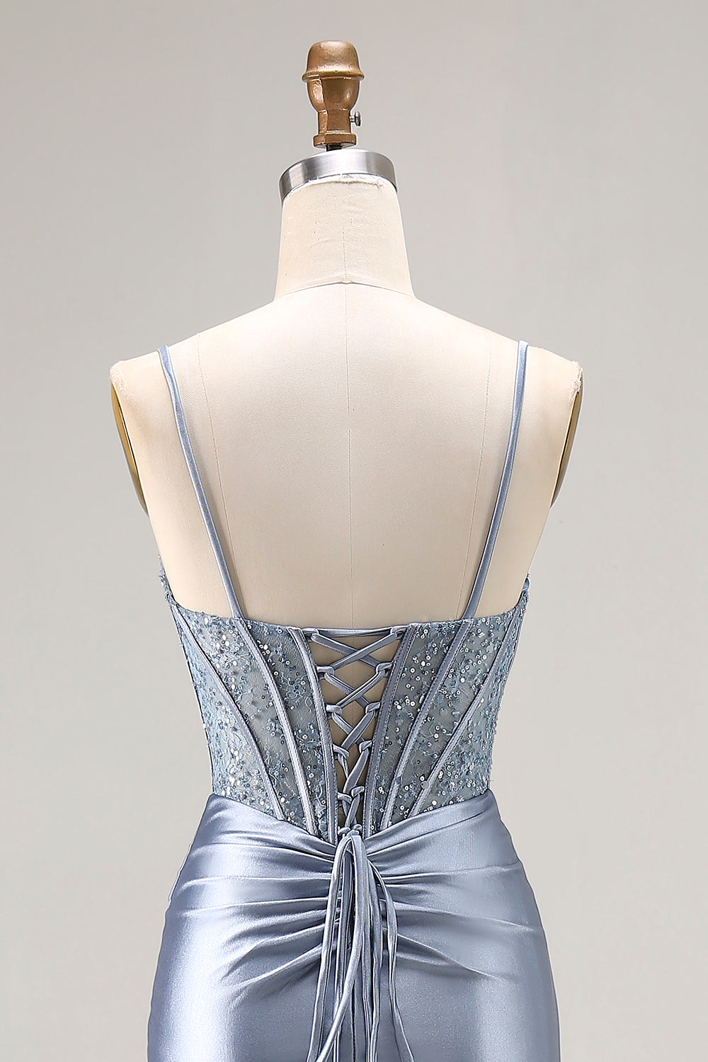 Sparkly Grey Blue Satin Beaded Mermaid Long Corset Prom Dress with Slit
