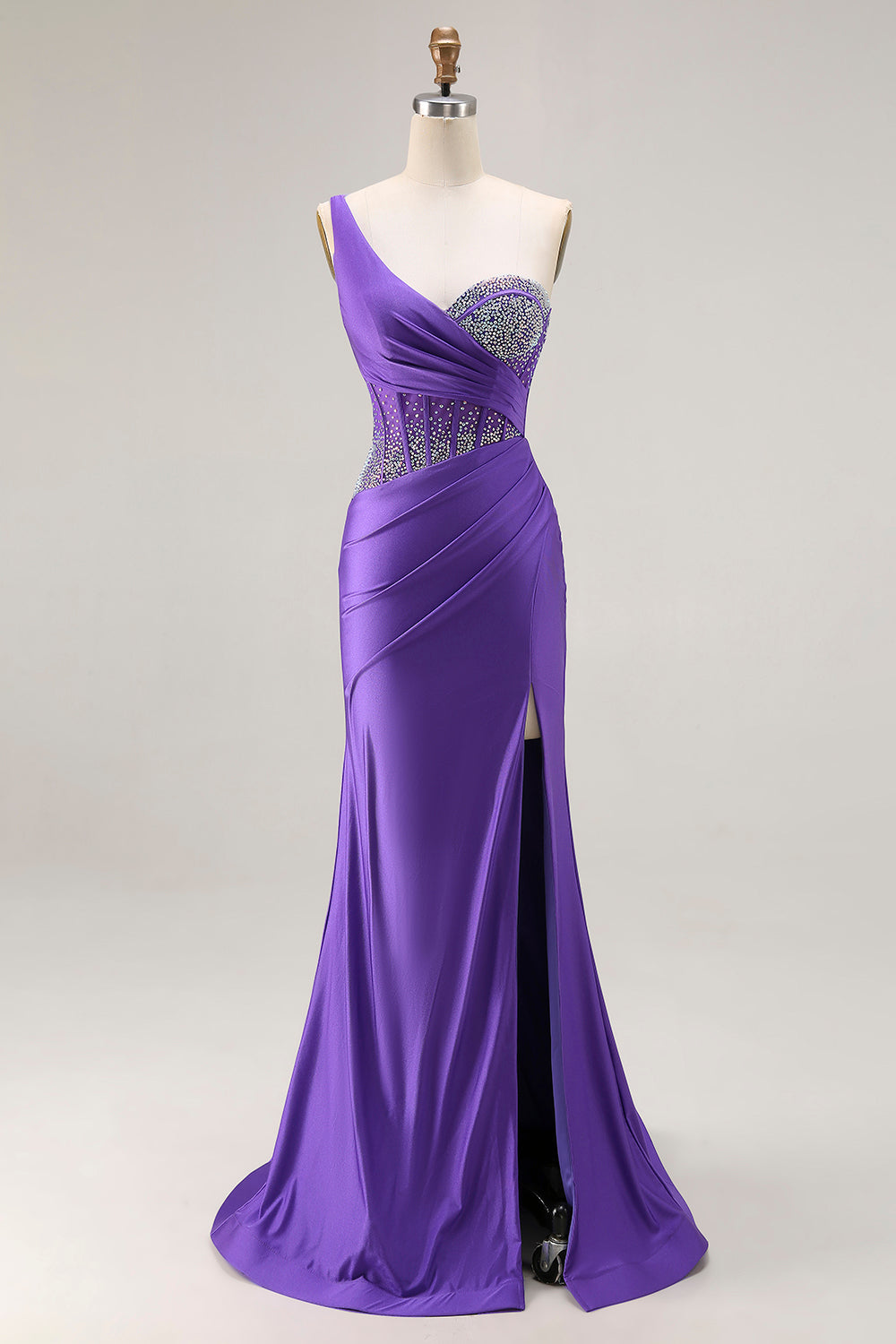 Sparkly Dark Purple Mermaid One Shoulder Long Corset Prom Dress with Slit
