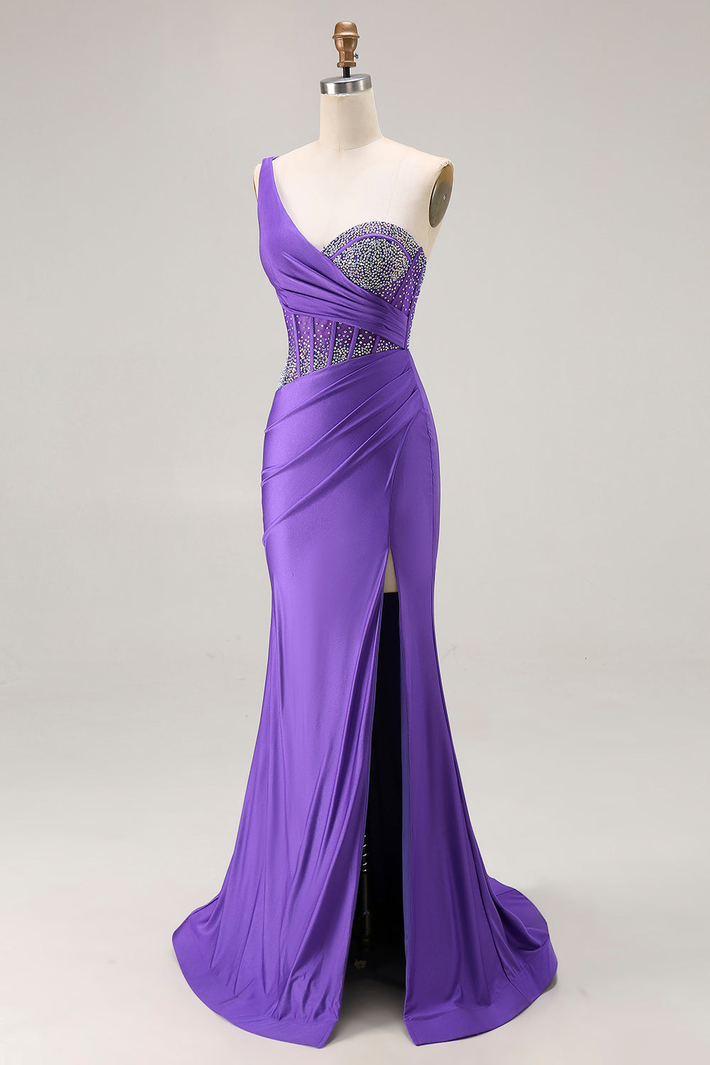 Sparkly Dark Purple Mermaid One Shoulder Long Corset Prom Dress with Slit