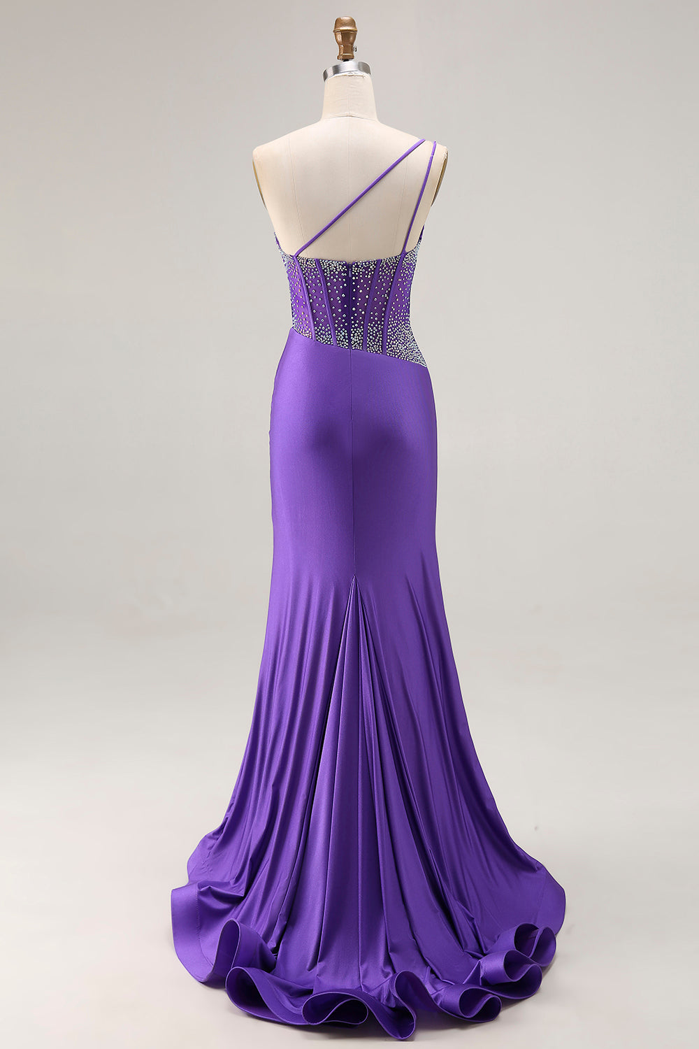 Sparkly Dark Purple Mermaid One Shoulder Long Corset Prom Dress with Slit