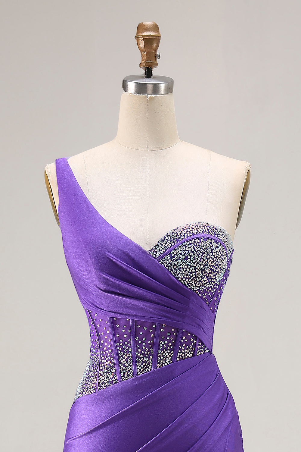 Sparkly Dark Purple Mermaid One Shoulder Long Corset Prom Dress with Slit