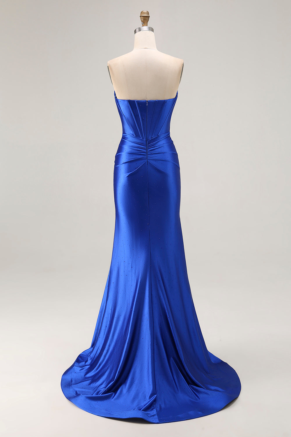 Sparkly Royal Blue Satin Mermaid Long Corset Prom Dress with Slit