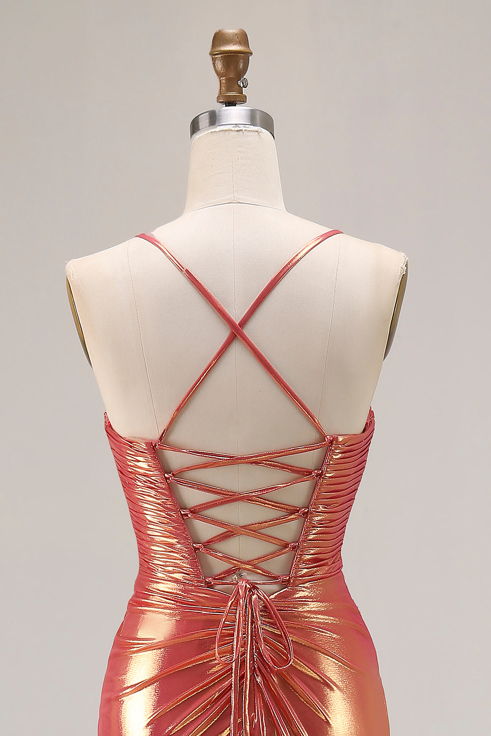 Metallic Orange Mermaid Ruched Lace-Up Back Long Prom Dress with Slit