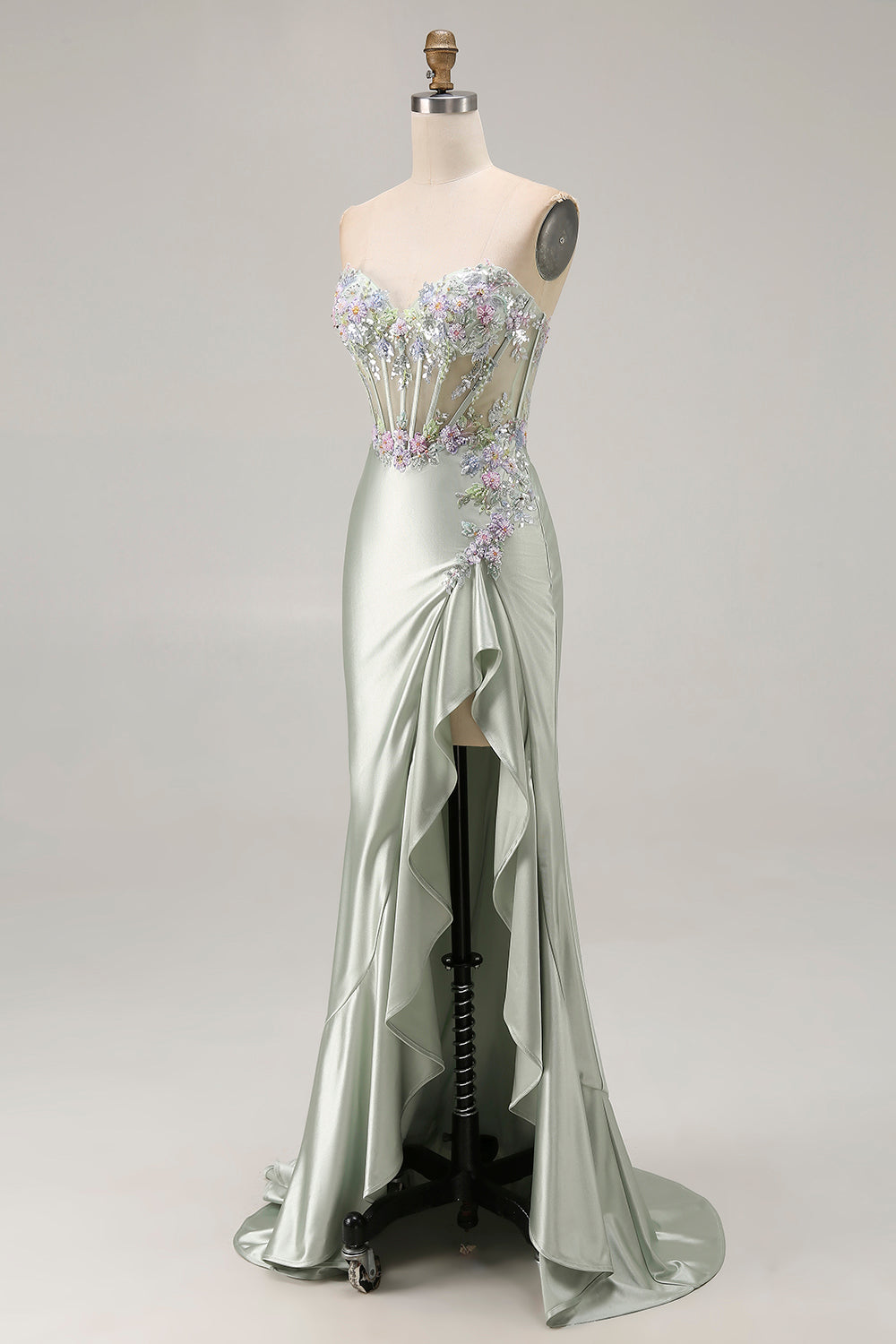 Floral Dusty Sage Strapless Ruffled Long Corset Prom Dress with Slit