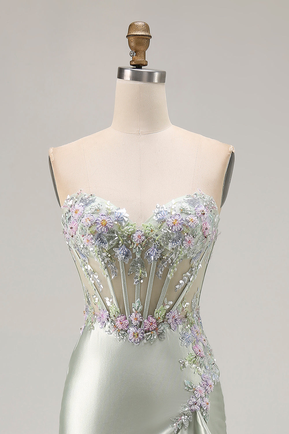 Floral Dusty Sage Strapless Ruffled Long Corset Prom Dress with Slit