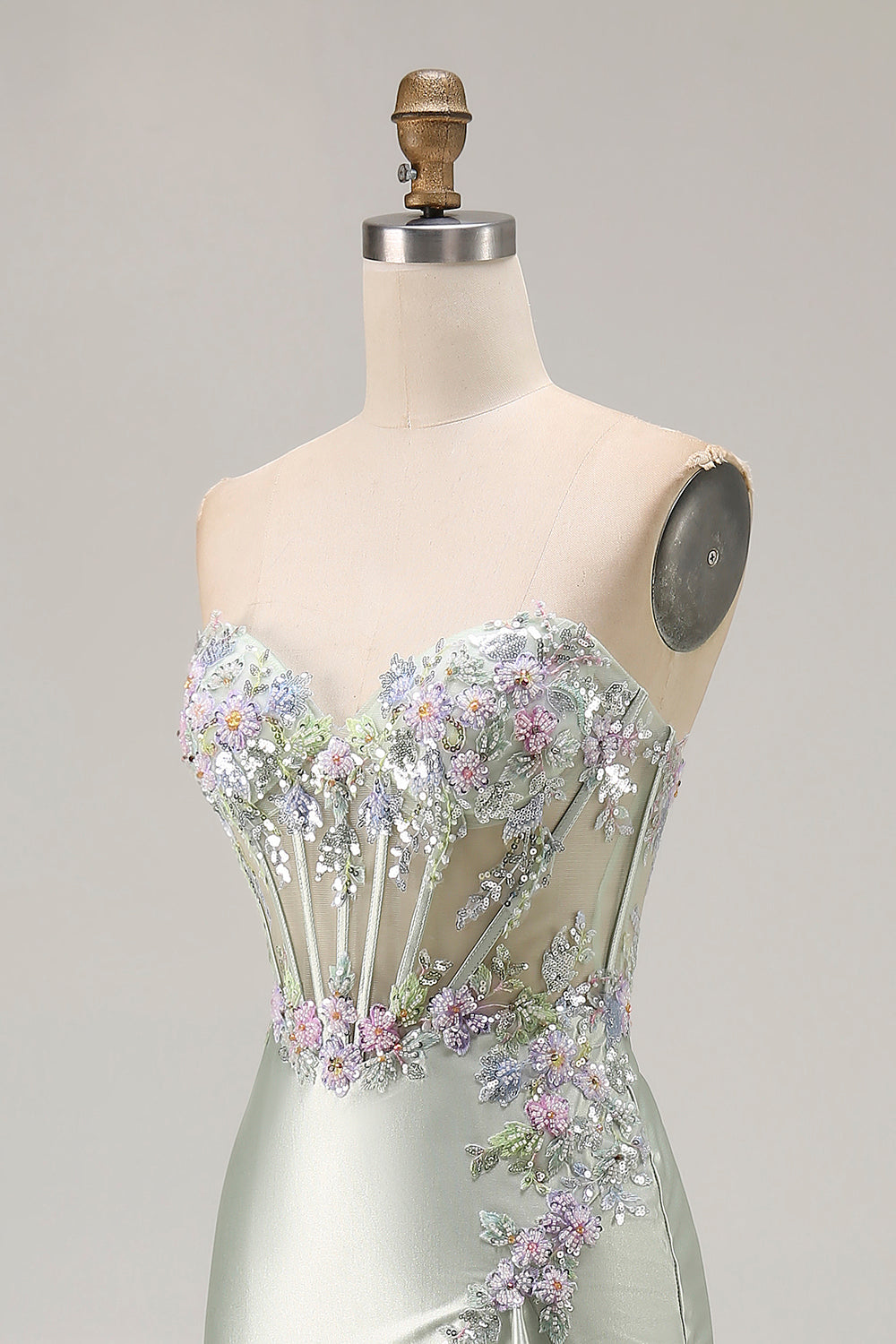 Floral Dusty Sage Strapless Ruffled Long Corset Prom Dress with Slit