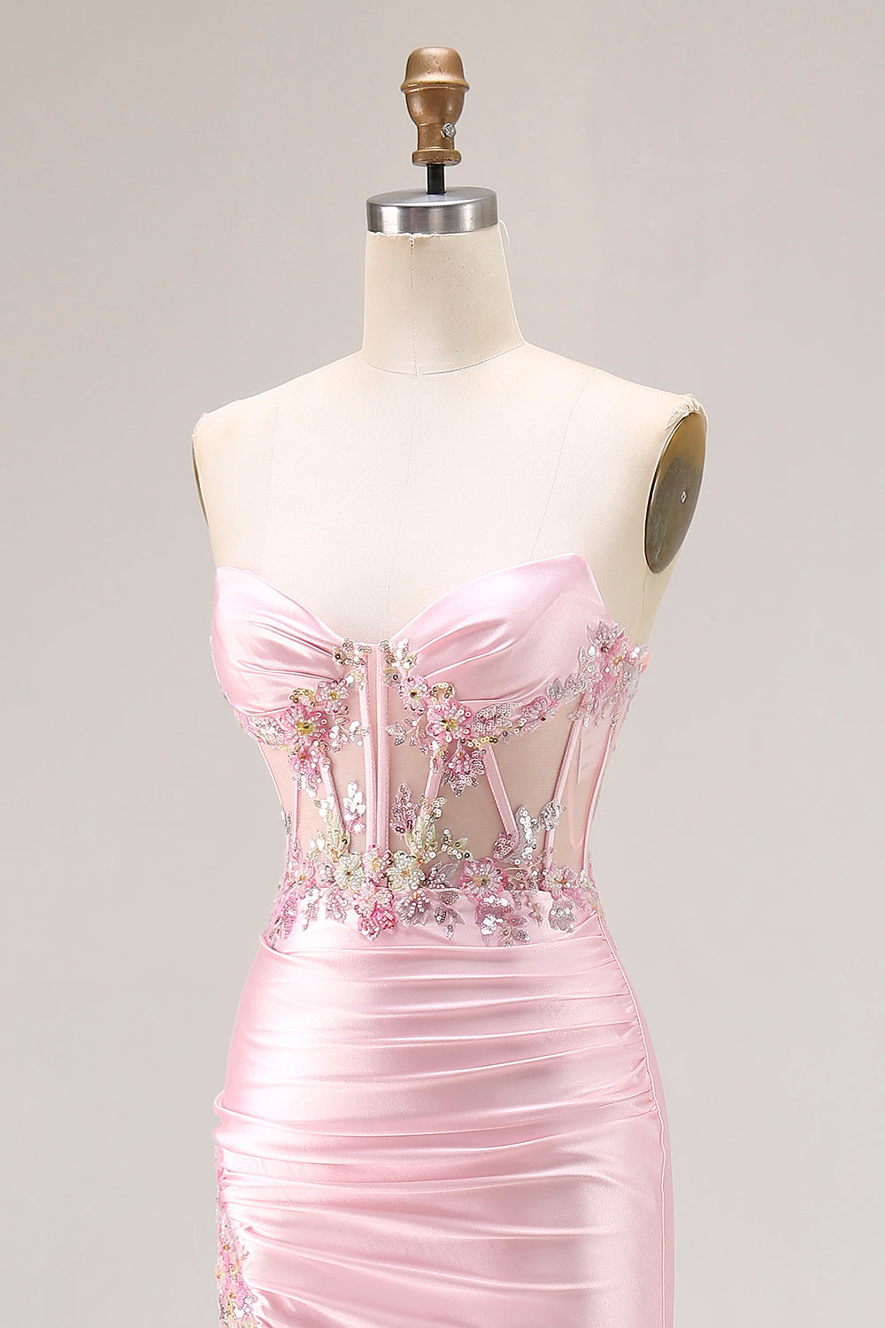 Floral Pink Corset Strapless Long Prom Dress with Slit