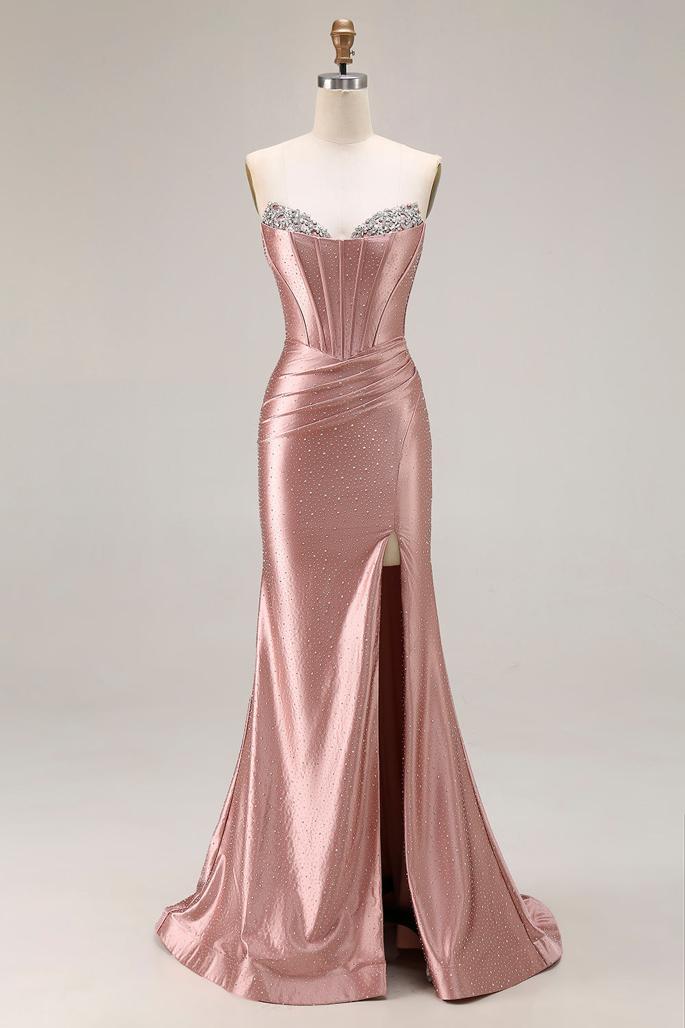 Sparkly Dusty Rose Satin Beaded Mermaid Long Corset Prom Dress with Slit