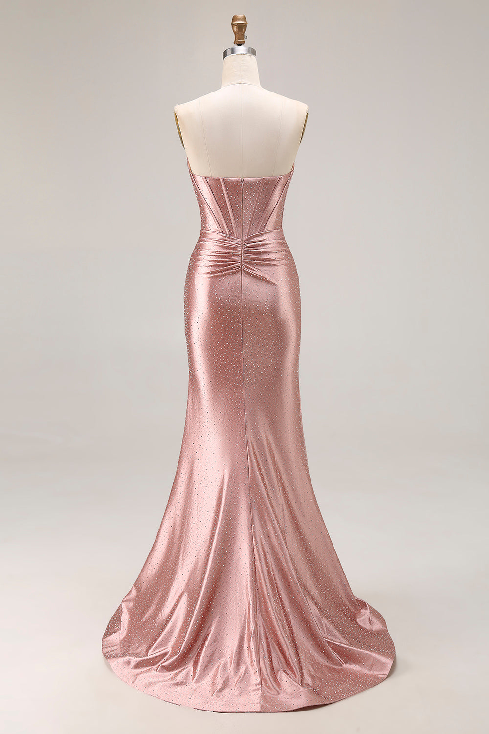 Sparkly Dusty Rose Satin Beaded Mermaid Long Corset Prom Dress with Slit