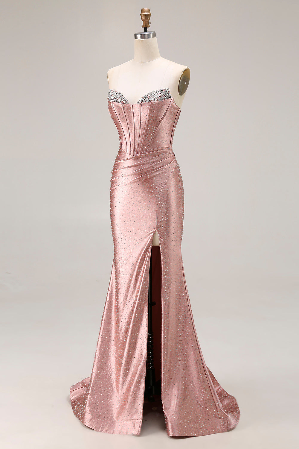 Sparkly Dusty Rose Satin Beaded Mermaid Long Corset Prom Dress with Slit
