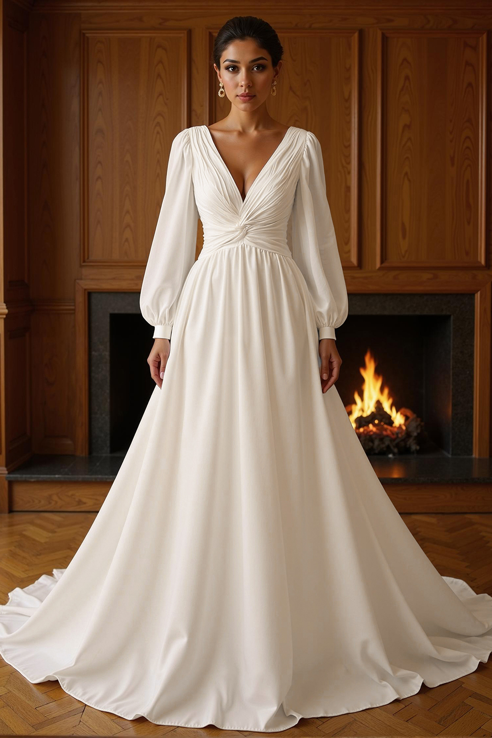White Chiffon Deep V-Neck A-Line Sweep Train Wedding Dress with Sleeves