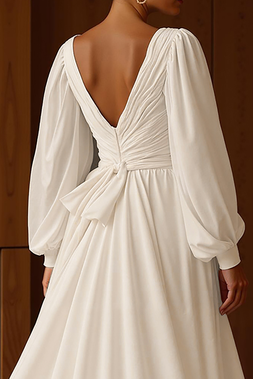 White Chiffon Deep V-Neck A-Line Sweep Train Wedding Dress with Sleeves