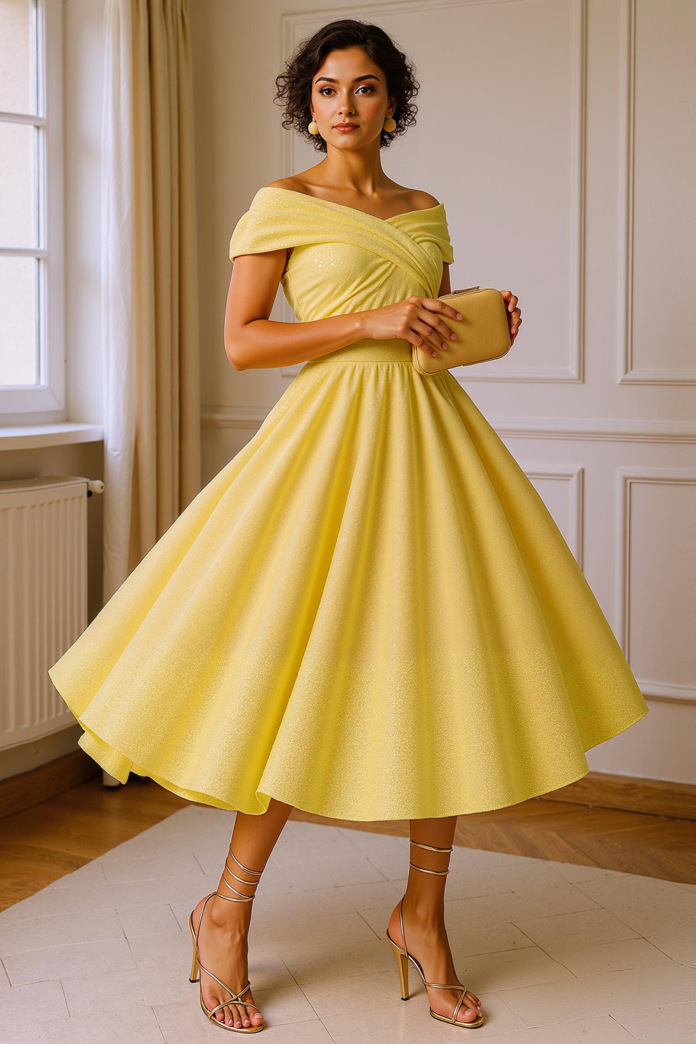 Glitter Daffodil A-Line Off The Shoulder Tea-Length Mother of the Bride Dress
