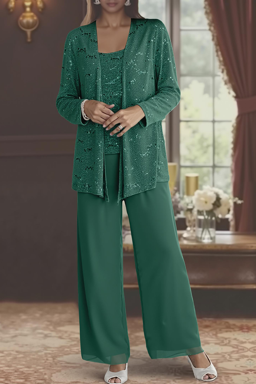 Sparkly Dark Green Chiffon 3-Piece Mother of the Bride Pant Suits with Jacket