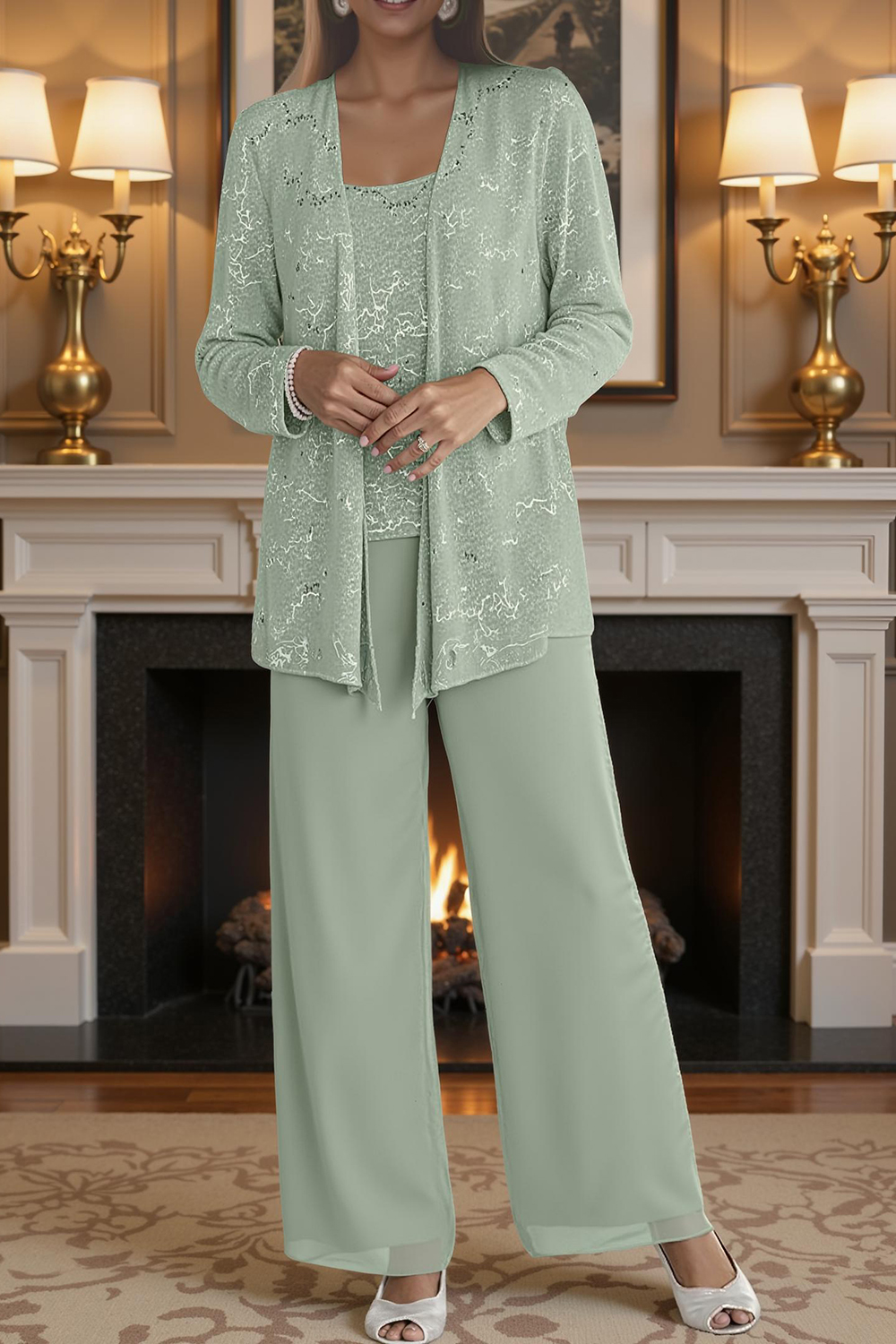 Sparkly Dark Green Chiffon 3-Piece Mother of the Bride Pant Suits with Jacket