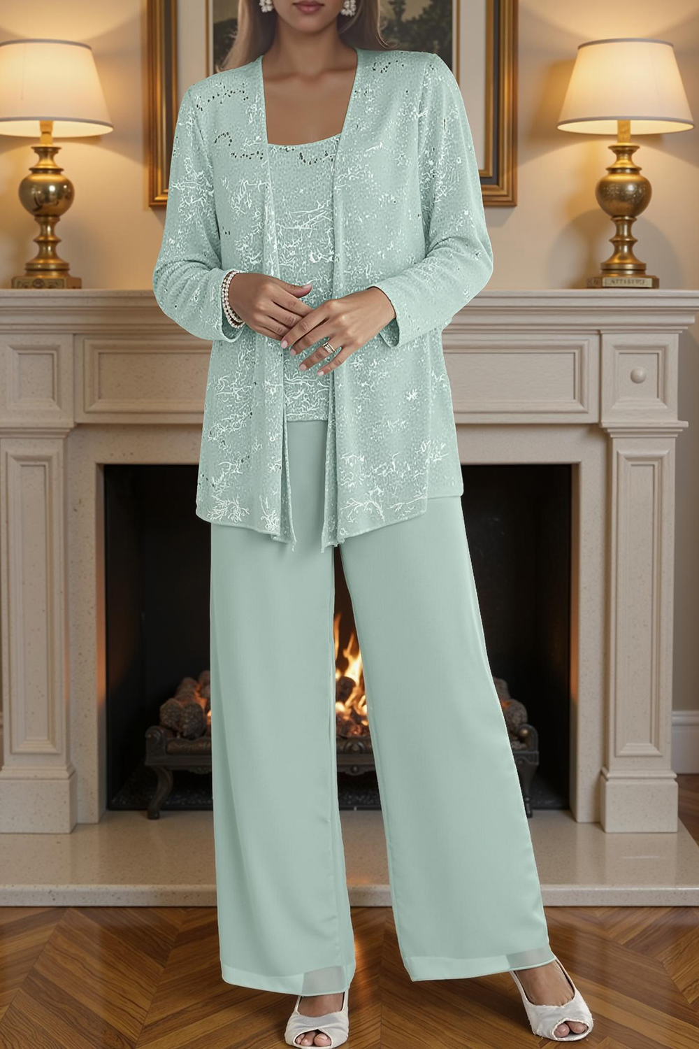 Sparkly Dark Green Chiffon 3-Piece Mother of the Bride Pant Suits with Jacket