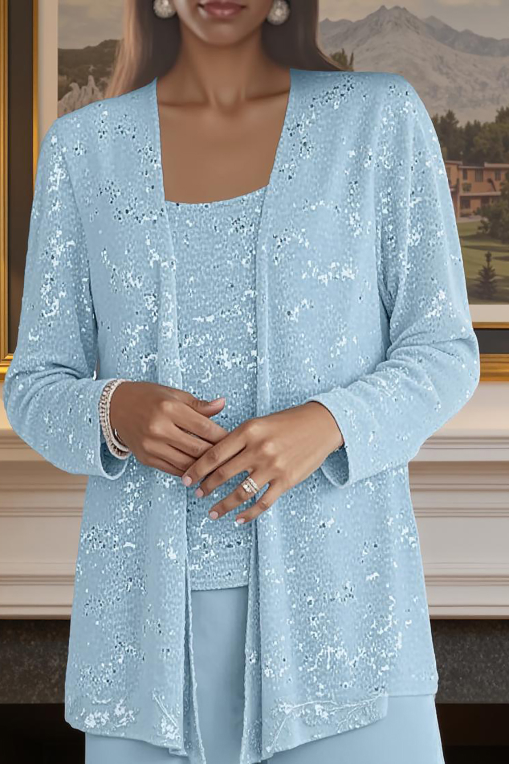 Sparkly Dark Green Chiffon 3-Piece Mother of the Bride Pant Suits with Jacket