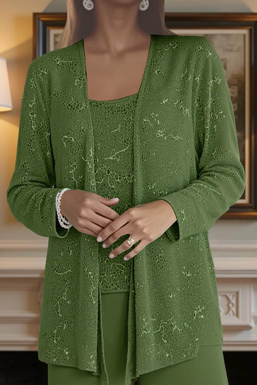 Sparkly Dark Green Chiffon 3-Piece Mother of the Bride Pant Suits with Jacket