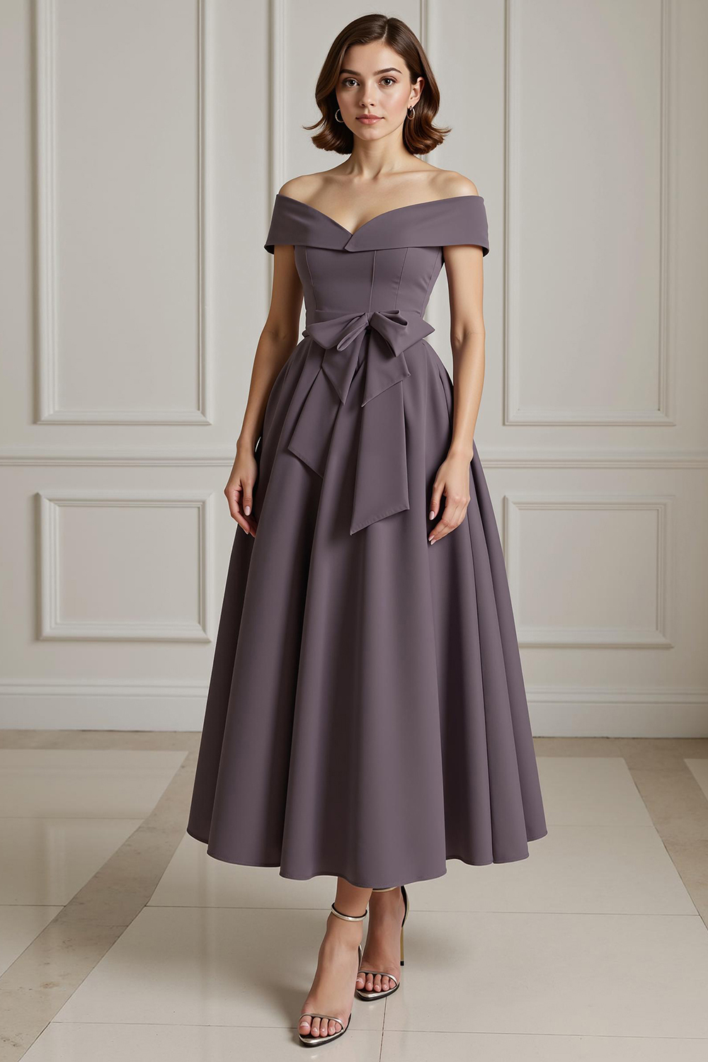 Burgundy Satin A-Line Ankle-Length Mother of the Bride Dress with Bow