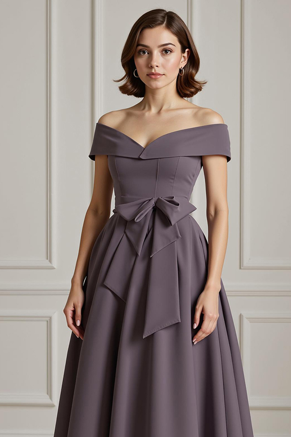 Burgundy Satin A-Line Ankle-Length Mother of the Bride Dress with Bow