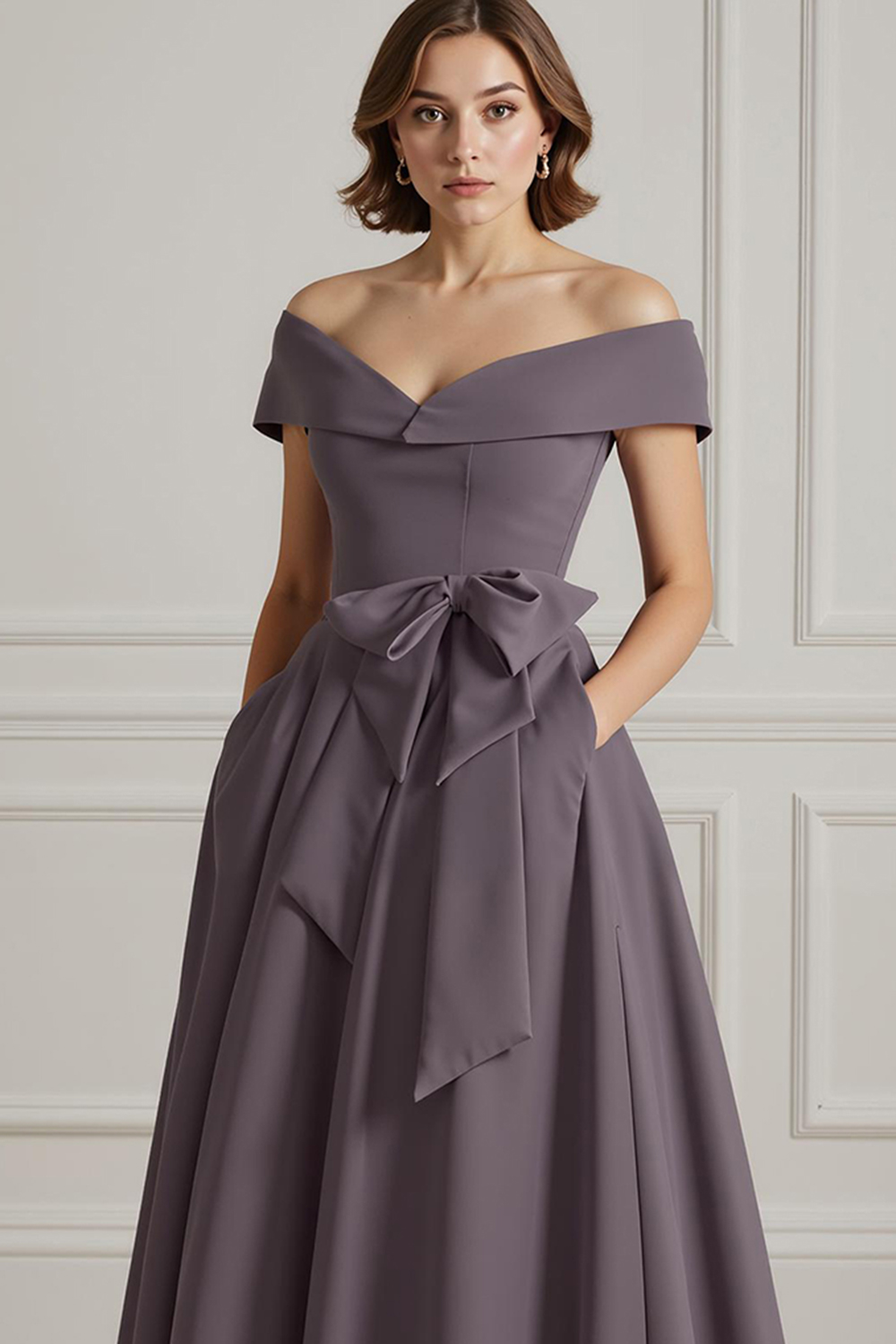 Burgundy Satin A-Line Ankle-Length Mother of the Bride Dress with Bow