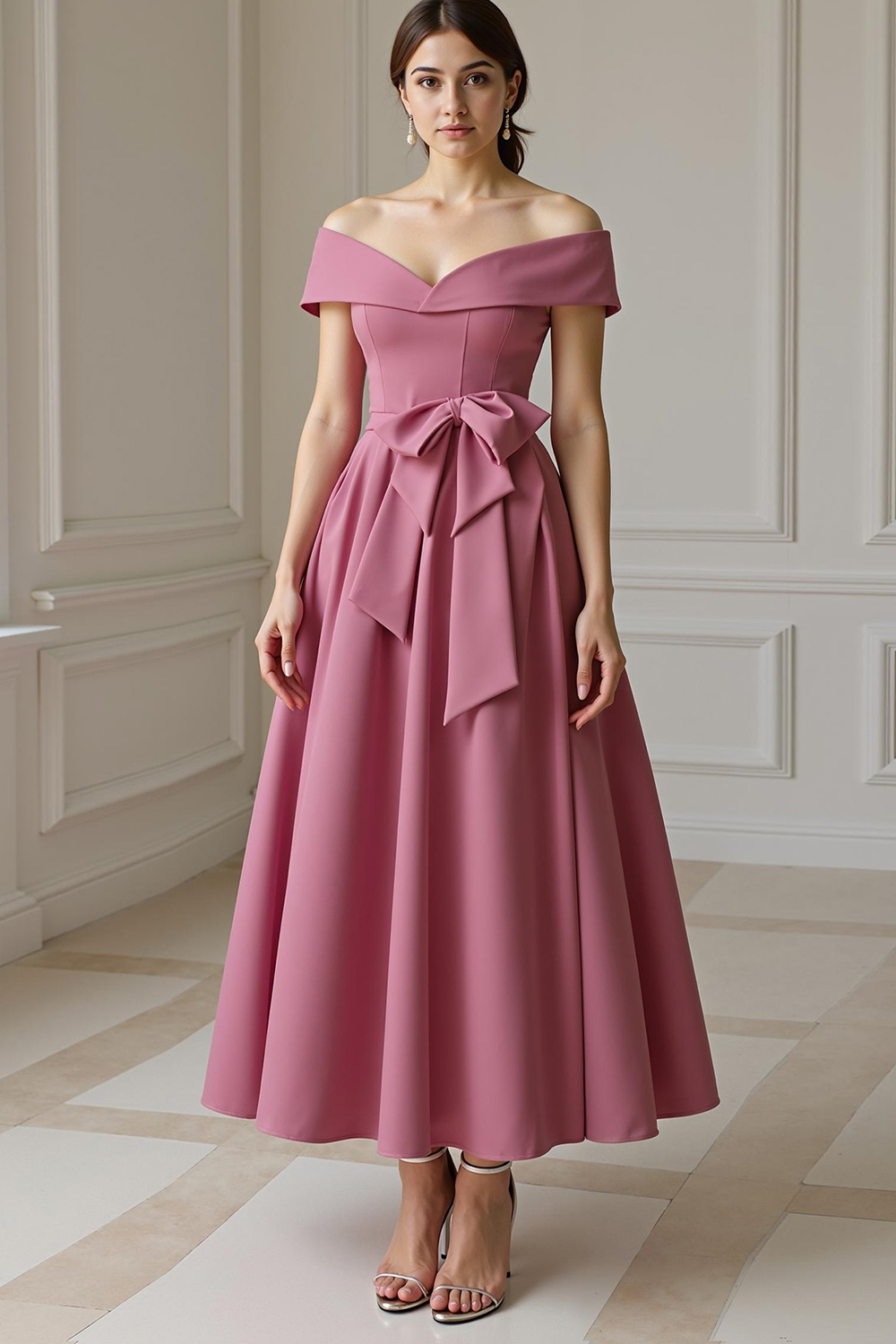 Burgundy Satin A-Line Ankle-Length Mother of the Bride Dress with Bow