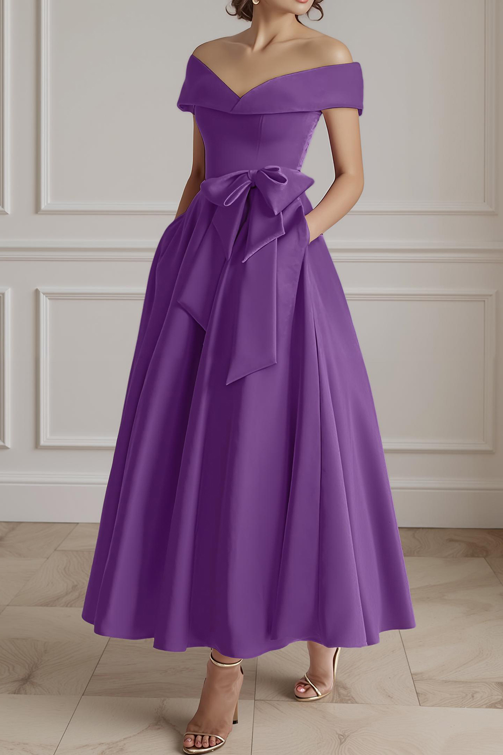 Burgundy Satin A-Line Ankle-Length Mother of the Bride Dress with Bow