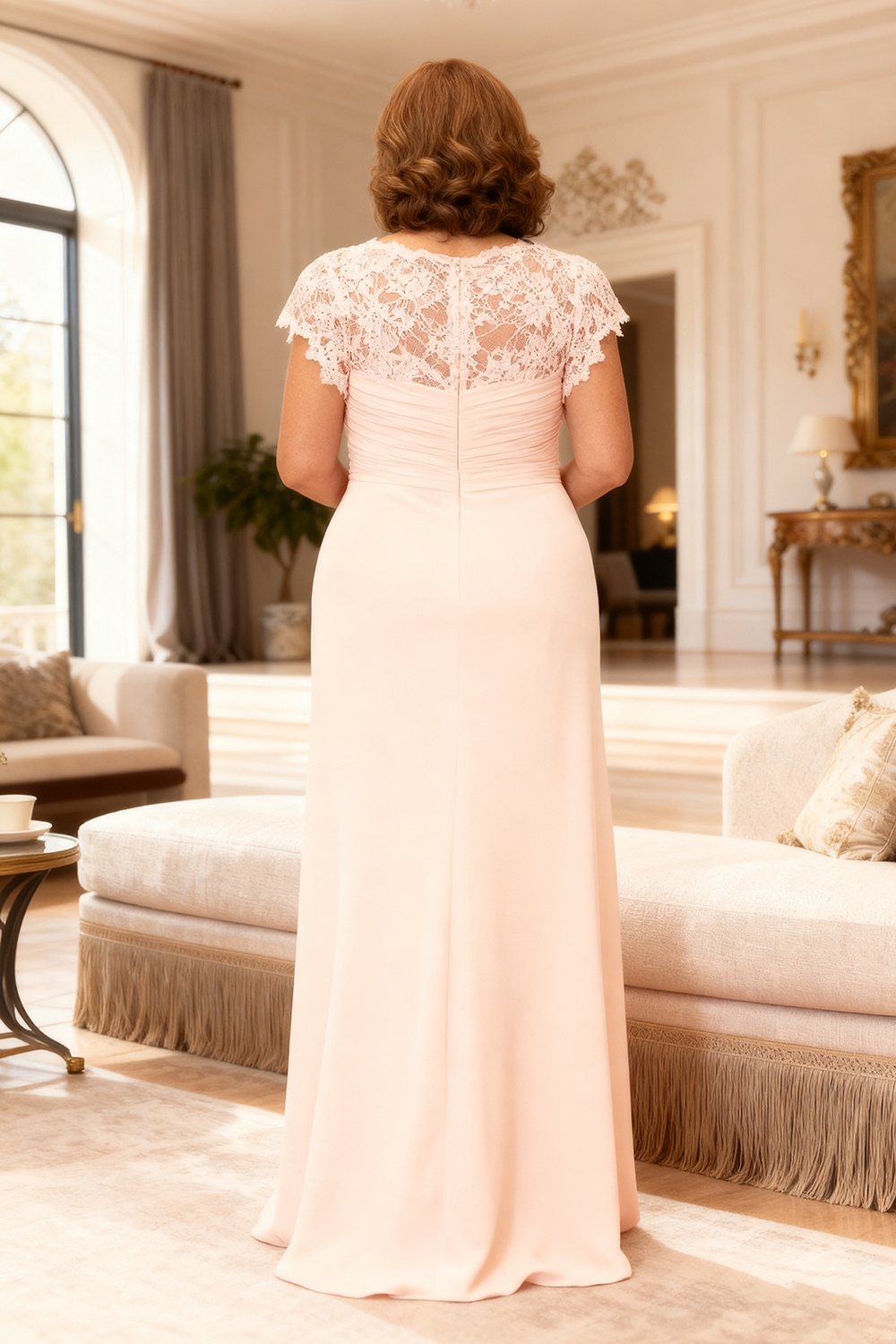 Light Pink Chiffon Floor-Length Plus Size Mother Of The Bride Dress with Lace