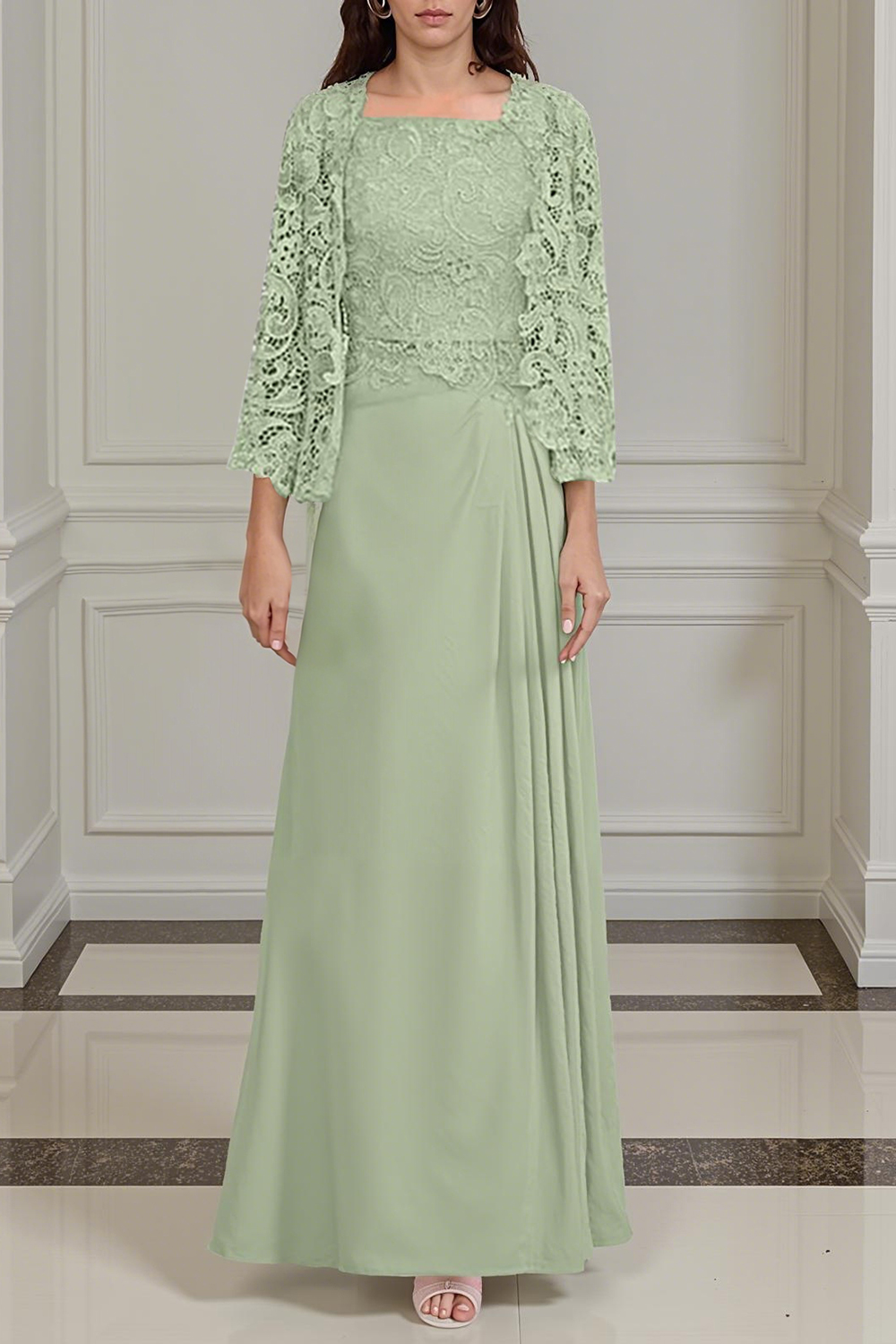 Peacock Green Sheath Chiffon Floor-Length 2-Piece Mother of the Bride Dress with Jacket